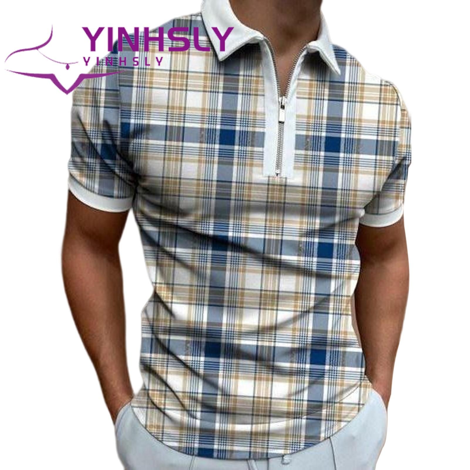 Men Shirt Bright Color Plaid Zip T-shirt