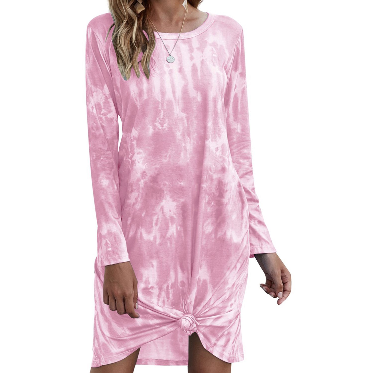 2021 Female Dress, Women’ s Tie-Dye Print Round Neck Long Sleeve Dress One-Piece, S/M/L/XL/XXL