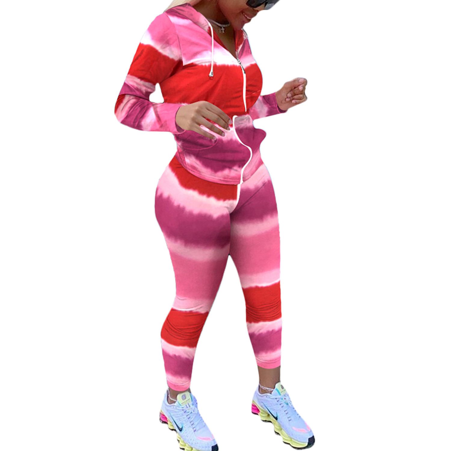 2021 2 Pcs Woman's Gradient Sports Suit,  Long Sleeve Zipper Cardigan with Drawstring, Slim Elastic P