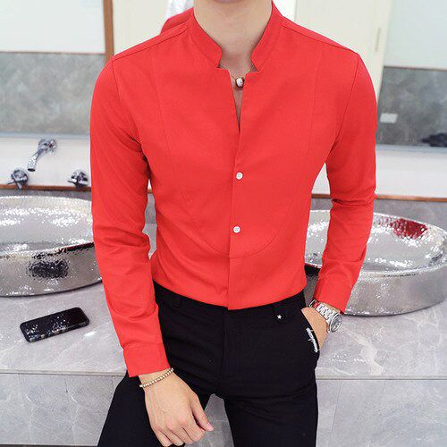 Male Business Wedding Formal Shirt Fall Winter Stand Collar Mens Long-sleeved Dress Shirts Black Red White Slim Elegant