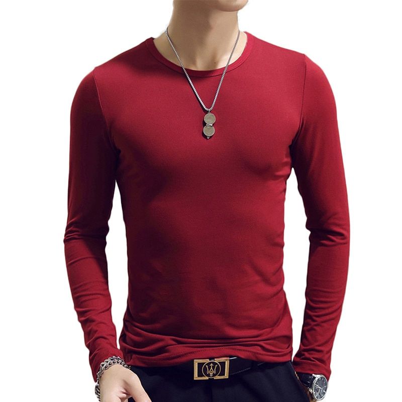 Elastic Mens T-Shirt O-Neck Round Neck Long Sleeve Men T-Shirt For Male Lycra And Cotton T-Shirts Man Clothing
