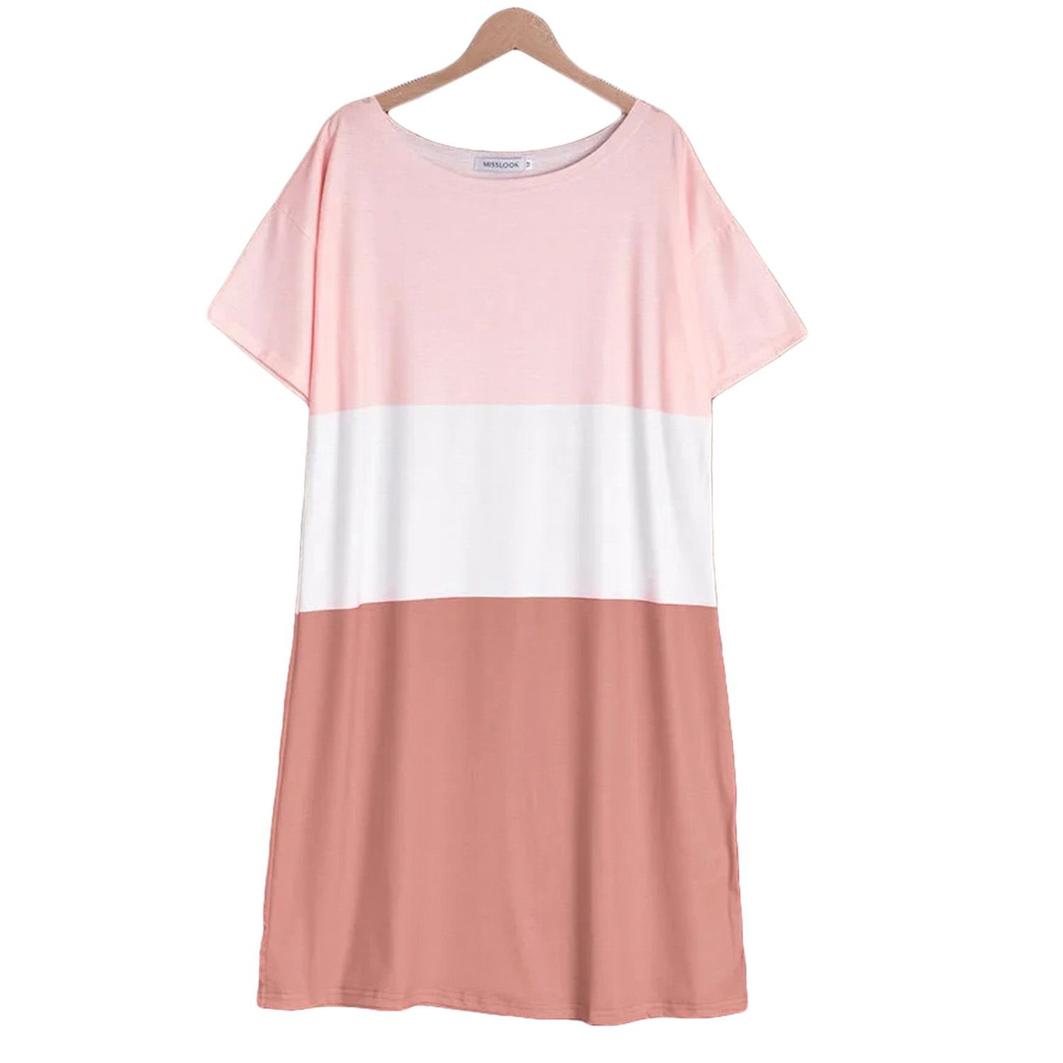 2021 Women Color Block Printed T-Shirt Dress, Round Neck Short Sleeve Stripe Casual Loose Dress