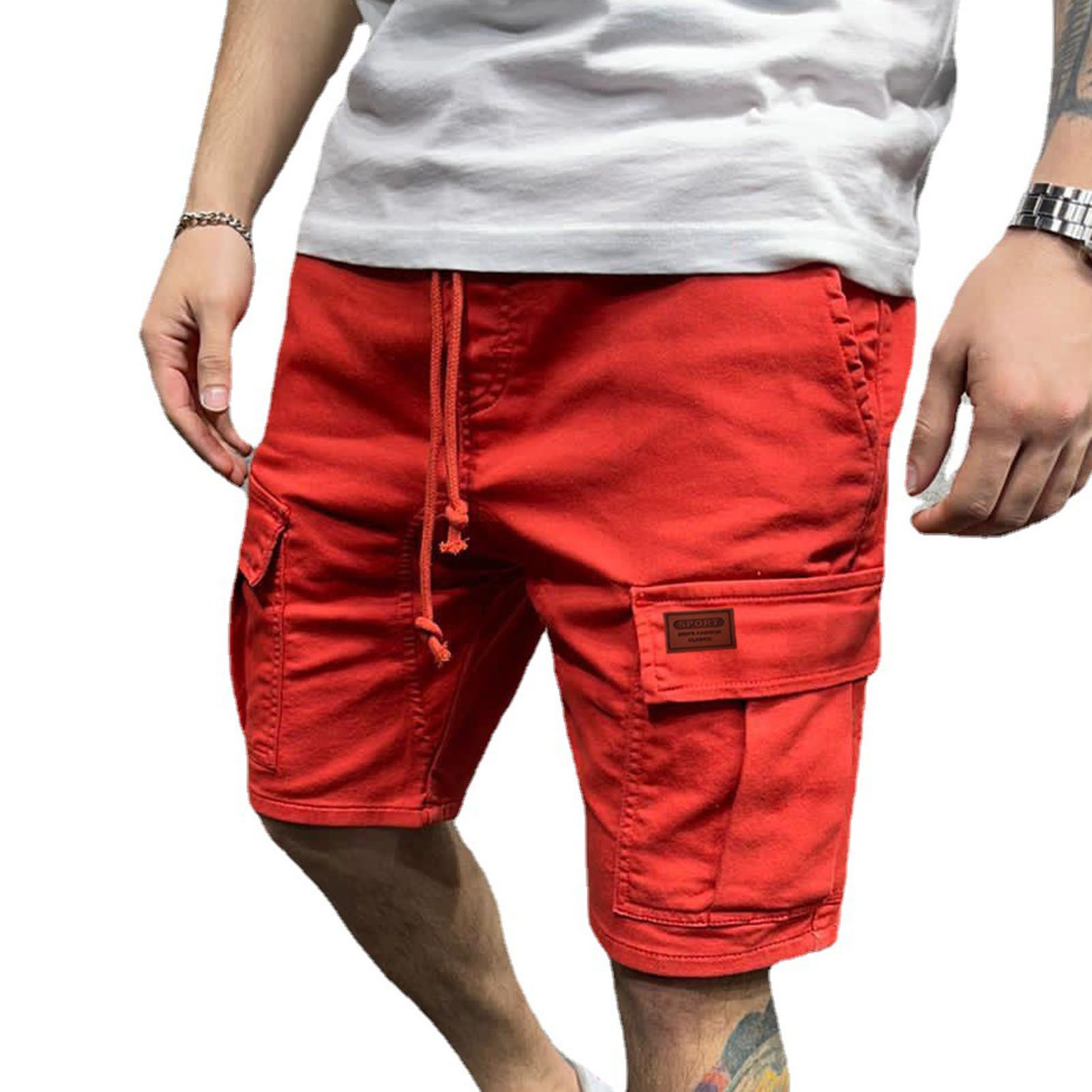 Men Solid Color Knee Length Straight Wide Leg Multi Pockets Cargo Shorts Streetwear for Training