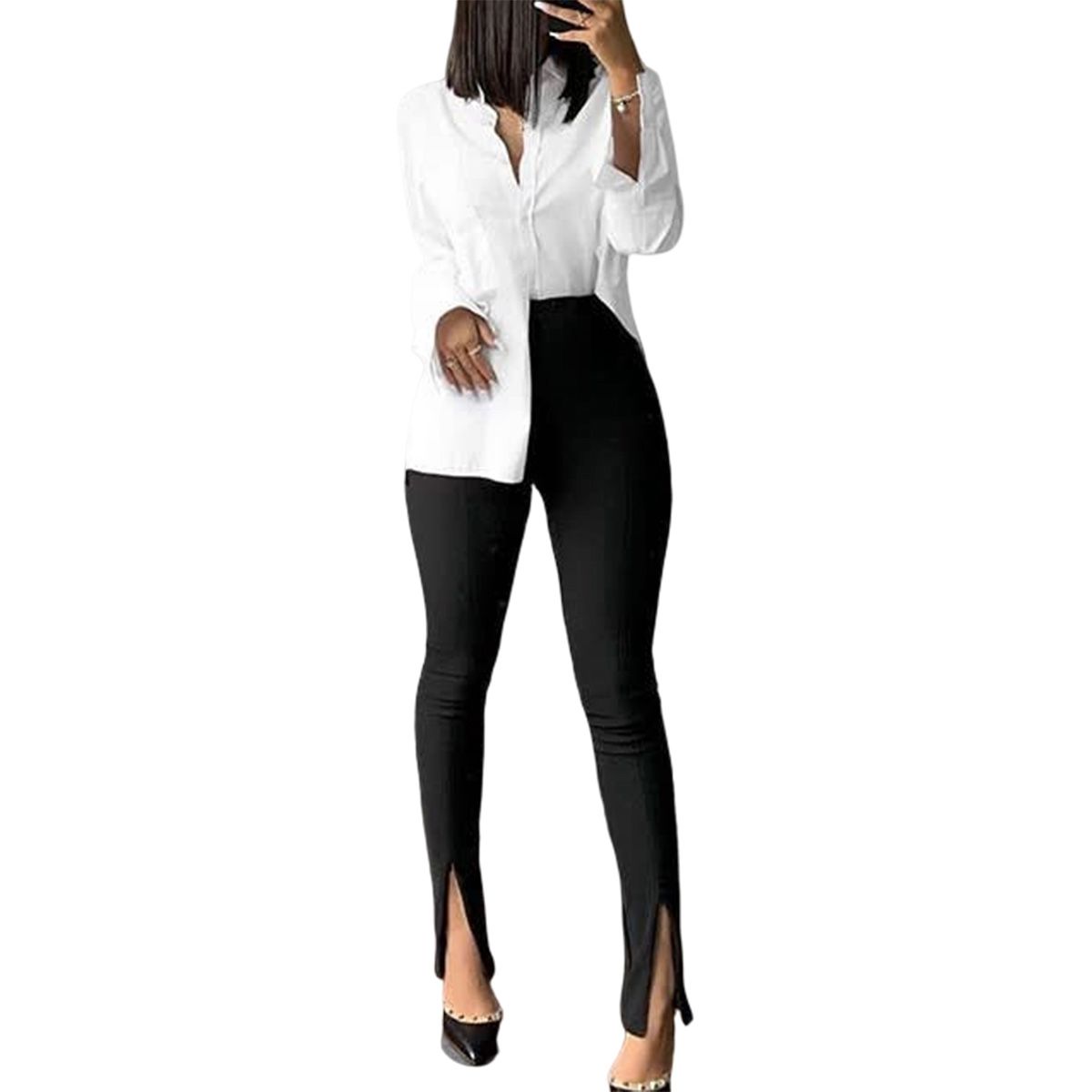 New Women's Solid Color Stretch Skinny Pants Women’s Front Split Abdominal Stretch High Waist Pants