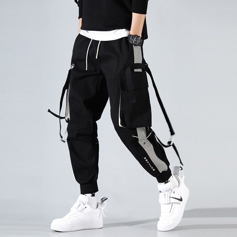 Fashion Streetwear Cargo Pants Men Joggers Pants Sweatpants Male Harajuku Ribboncket Design Trousers Elastic Waist HG142