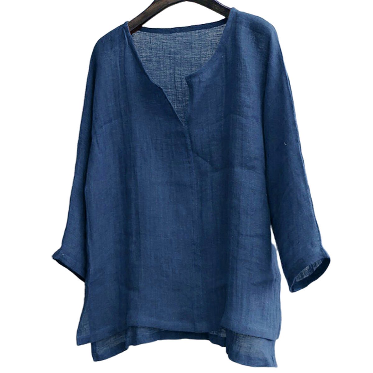 Men Casual Summer Solid Color Long Sleeve V Neck Slitting Hem Loose T-shirt Top
