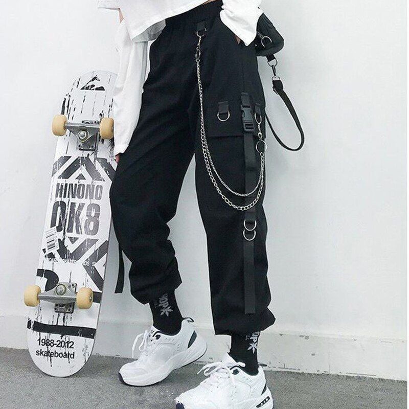 Women Cargo Pants Harem Pants Fashion Punk Pockets Jogger Trousers With Chain Elastics High Waist Streetwear