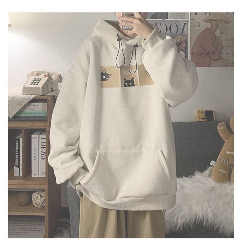Autumn and Winter Lamb Plush Thickened Warm Hoodie Loose Solid Color Couple Pullover Fashion Casual Coat