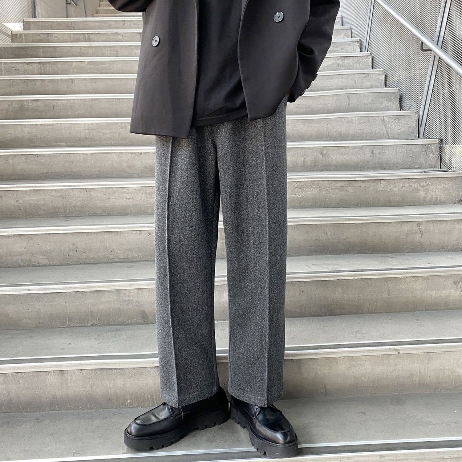 Winter Thick Woolen Pants Men's Fashion Casual Wide-leg Pants Men Streetwear Loose Korean Style Straight Trousers Mens
