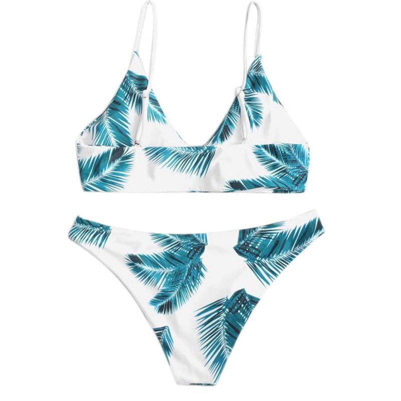 Women's 2 Pieces Bikini Set, Leaf Print Padded Bathing Suits Adjustable Straps Swimsuit