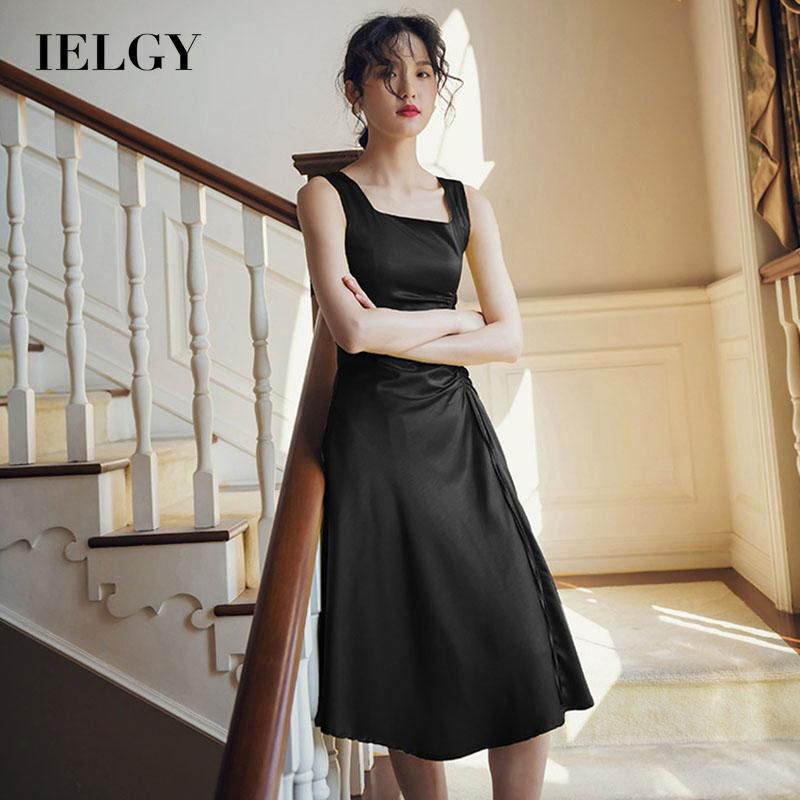 IELGY seaside vacation dress Early spring A-line retro square collar suspender skirt waist drawstring white beach skirt