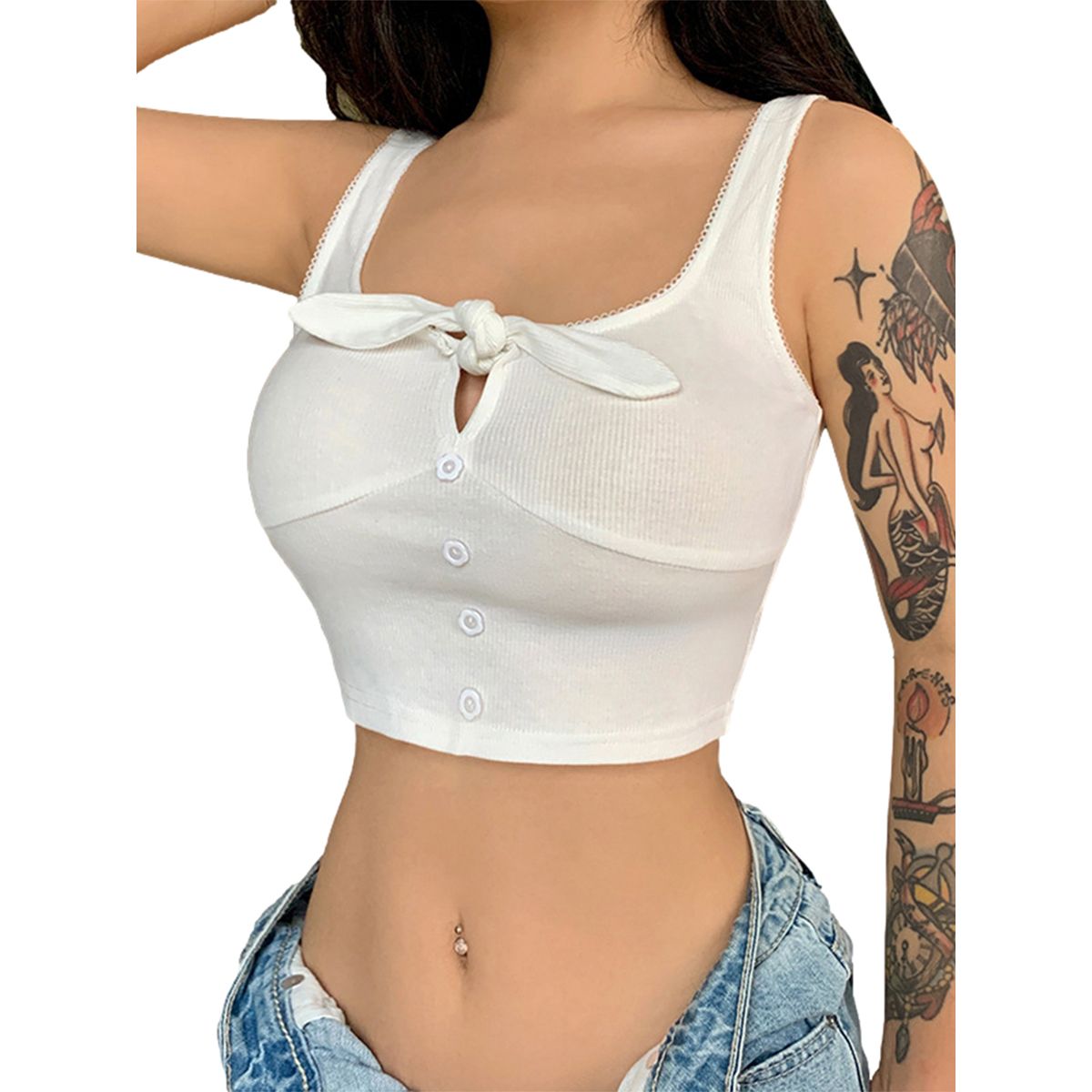 Women Close-fitting Simple Style Tanks, White Solid Color U-shaped Collar Sleeveless Crop Tops, S/ M/ L