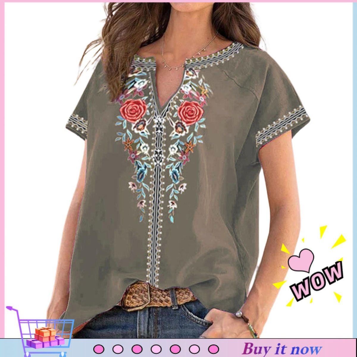 Women Blouse Short Sleeve Loose-fitting Pure Color T-shirt