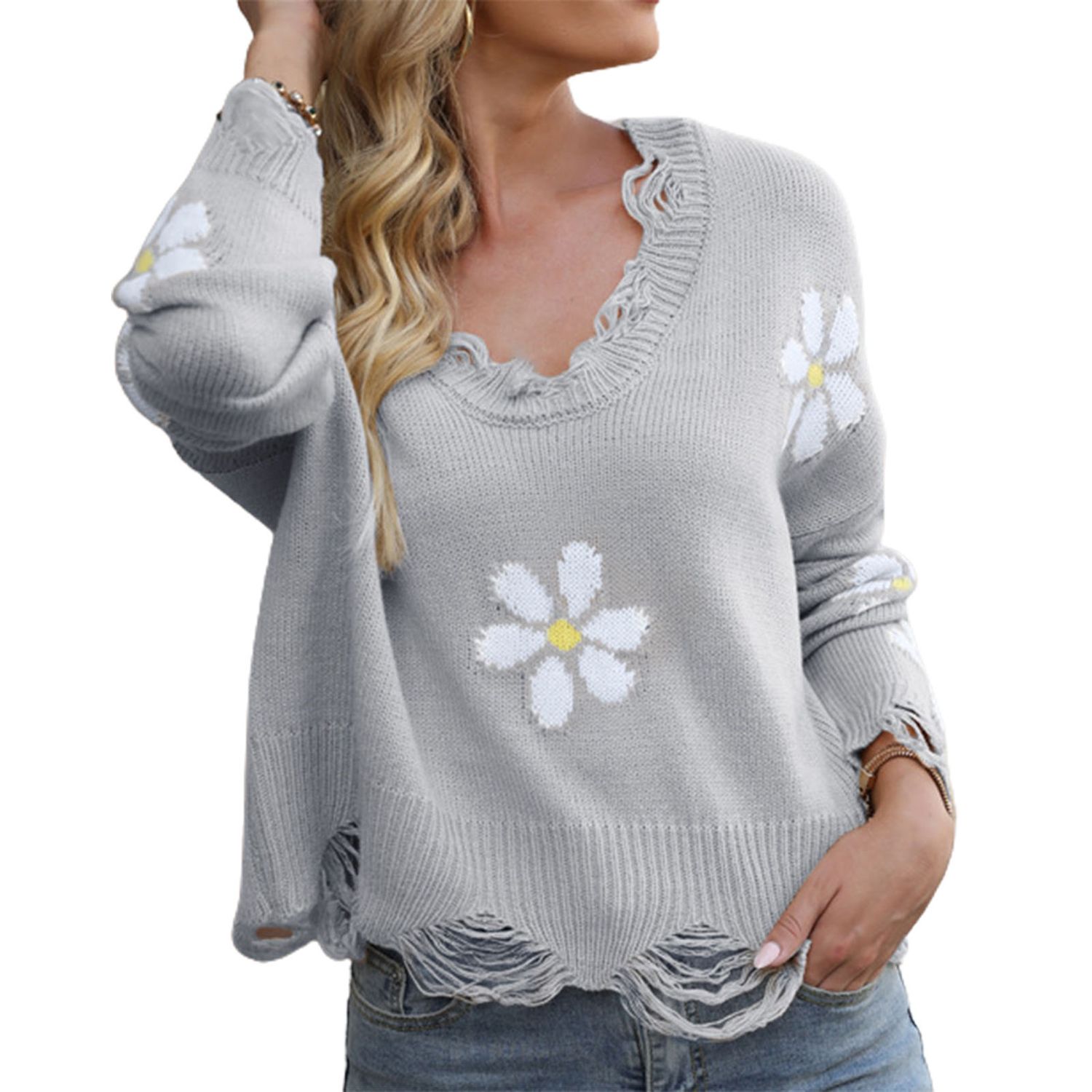 Office Lady Sweater Floral Pattern Elegant Loose Pullover Sweater