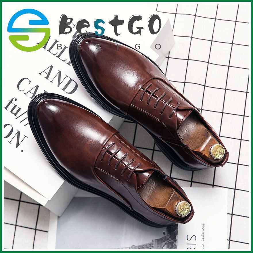 Spring Brogue Leather Shoes Men's Business Formal Male's Leather Shoes Leather Made Korean Pointed Youth Height Increasing Insole Groom Wedding Shoes