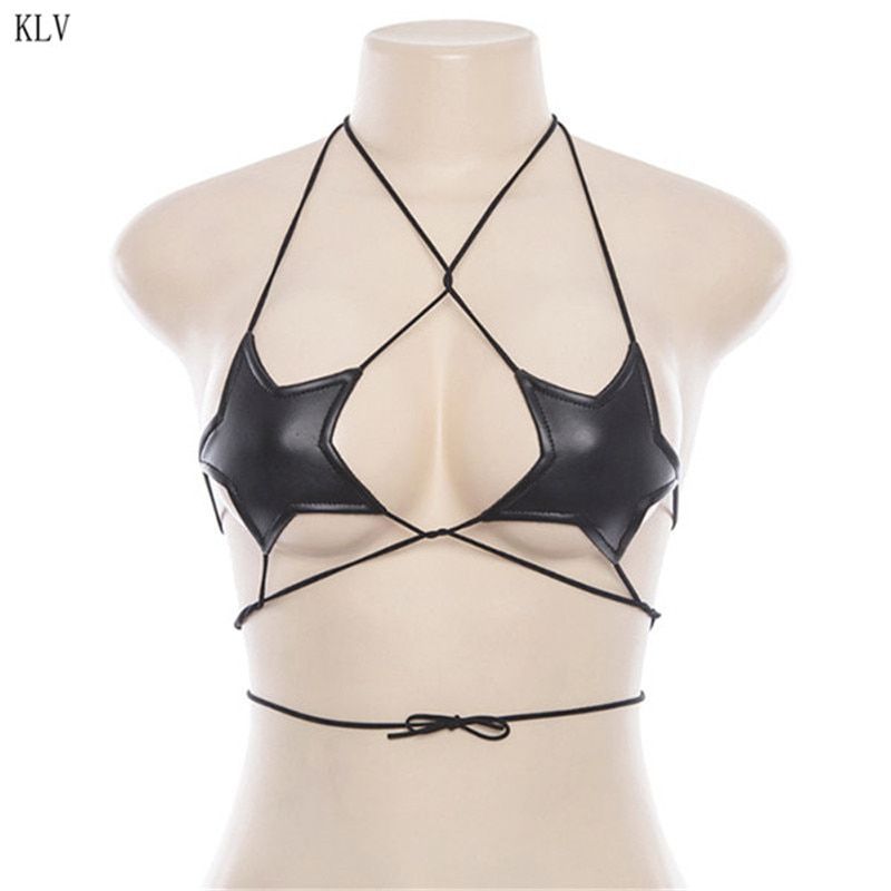 Womens Glitter Reflective Five-Pointed Star Bra Strappy Bandage Halter Top Bralette Nightout Clubwear Metallic Bustier Part