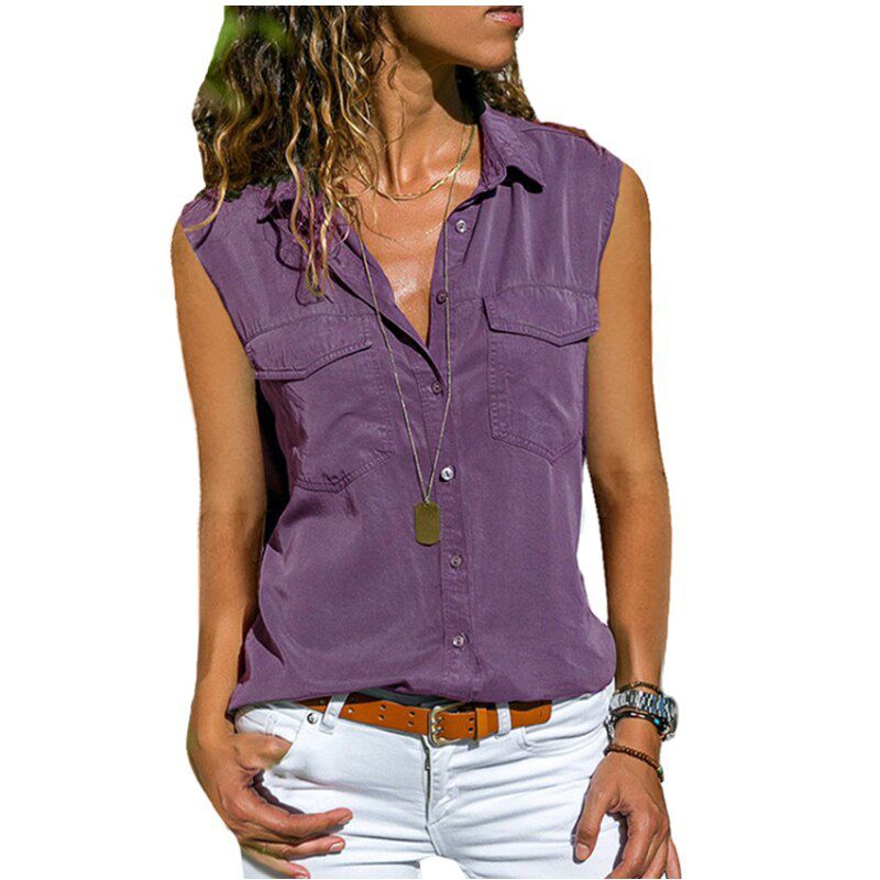 Women Summer Sleeveless V-neck Tops Pure Color T-shirt Casual Tank Tops Loose Button-up Blouse Lady Sleeveless Shirts
