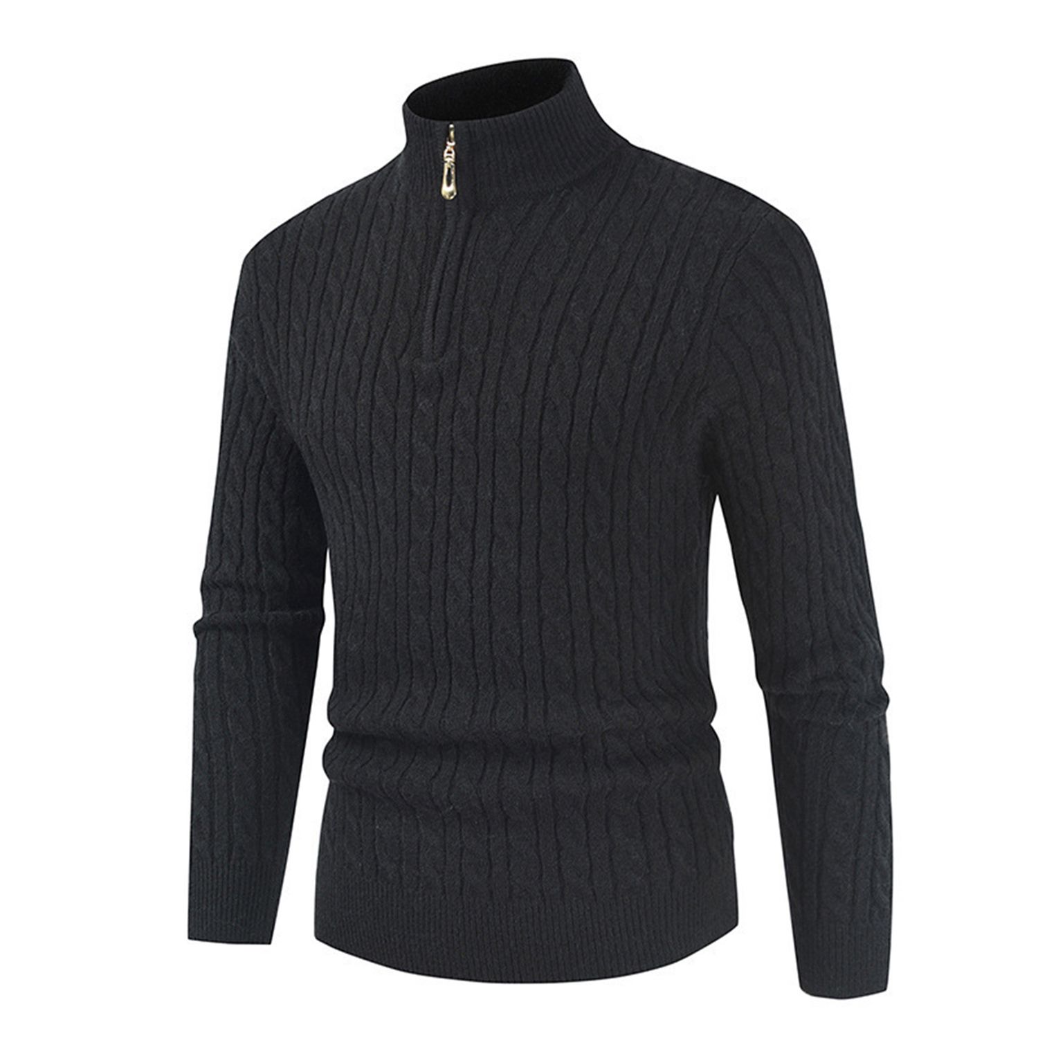 Pullover Sweater Ribbed Cuff Turtleneck Zipper Neck Men Twist Sweater Pullover