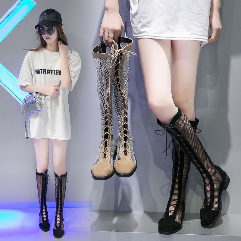 Women Sandals Europe and The United States Hollow Heel Boots Sandal Summer Long Tube Boots Straps Black Mesh Roman Shoes Female