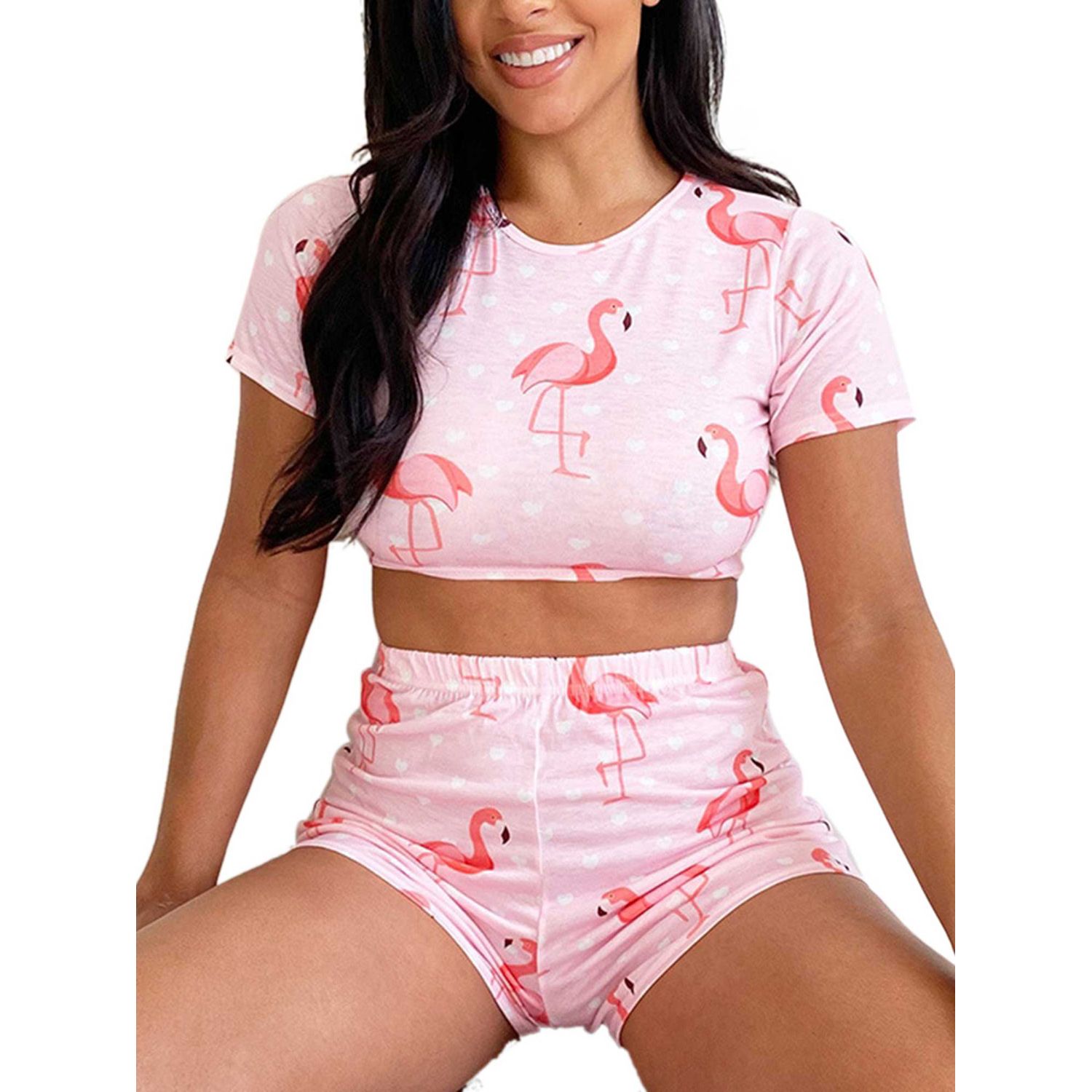 2021 Women's Sports Two Piece Set Personality Printed Round Neck Exposed Navel Top and High Waist Shorts