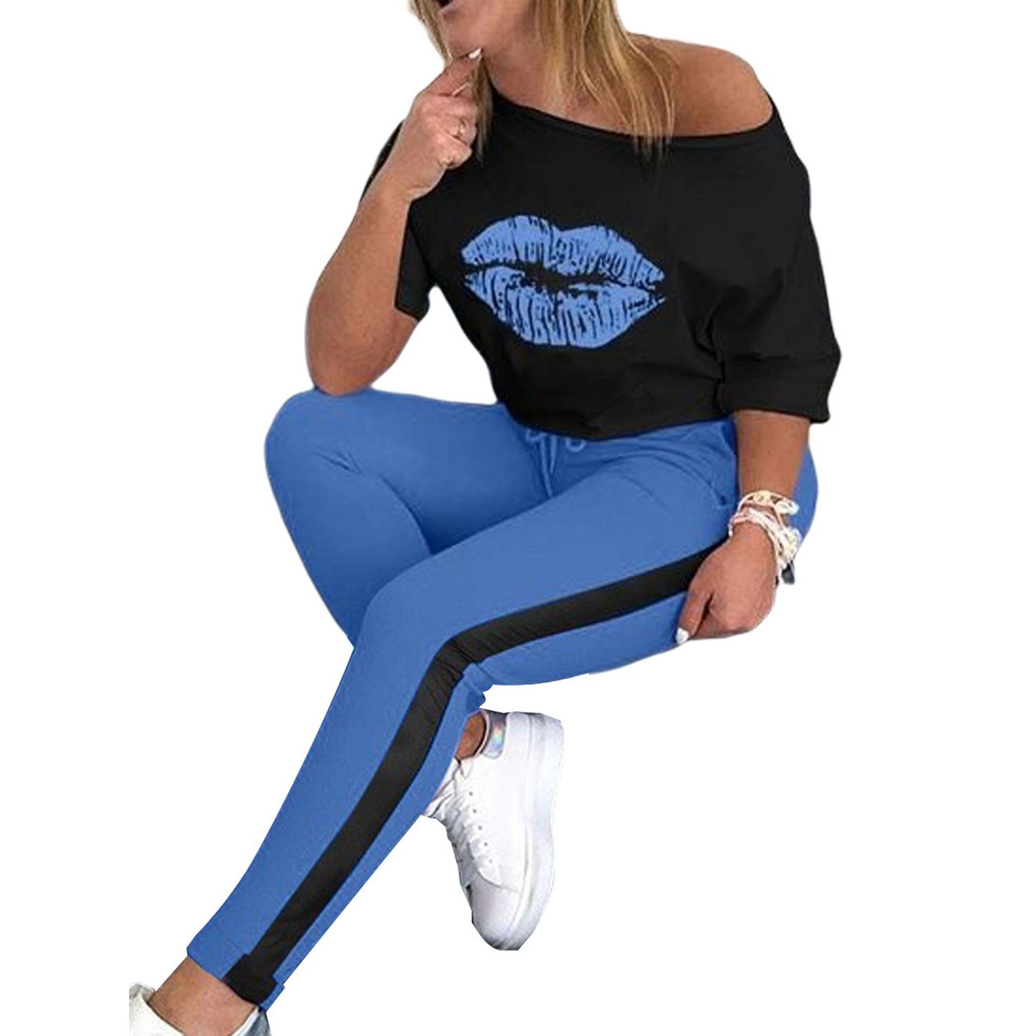 2021 Women's Outfits Two-piece Summer Casual Lips Printed Short Sleeve Top + Trousers Set Sports Suit