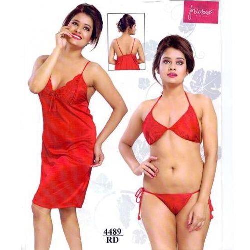 Stylish Lady Fashionable Three Part Night Dress- Red