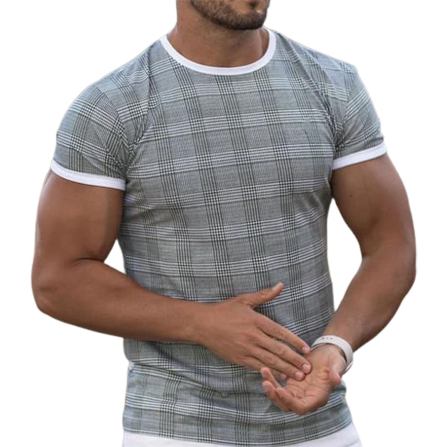 Men T-shirt Plaid Quick Dry Summer Short Sleeve O Neck Top for Dating