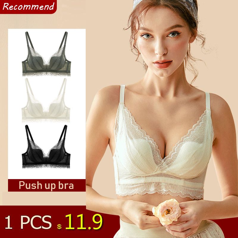 White Comfort Soft Thin Cotton Underwear Bra For Women Wireless  Ruffles Lace Deep U Push Up Ladies Brassiere Black Lingerie