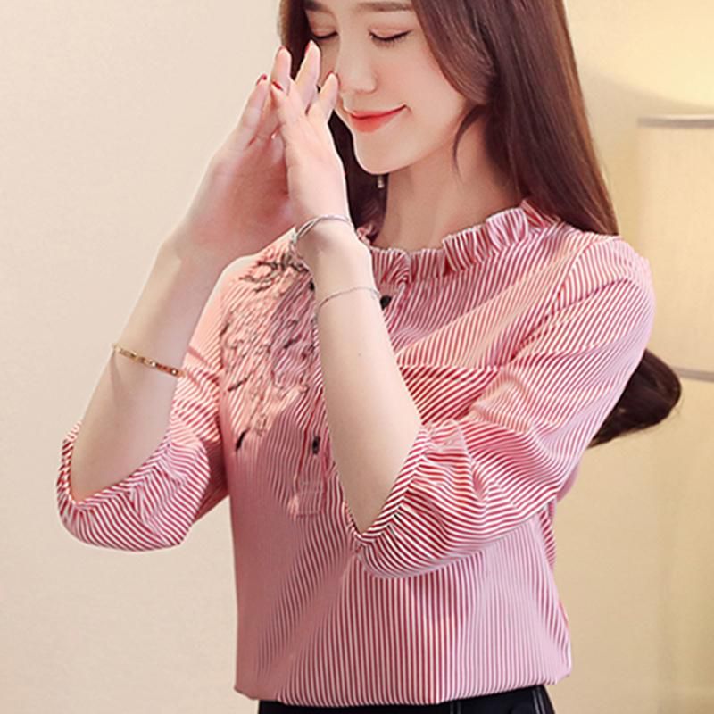 Women Striped Blouse Shirt Long Sleeve Blouse O-neck Shirts Casual Tops Blouse