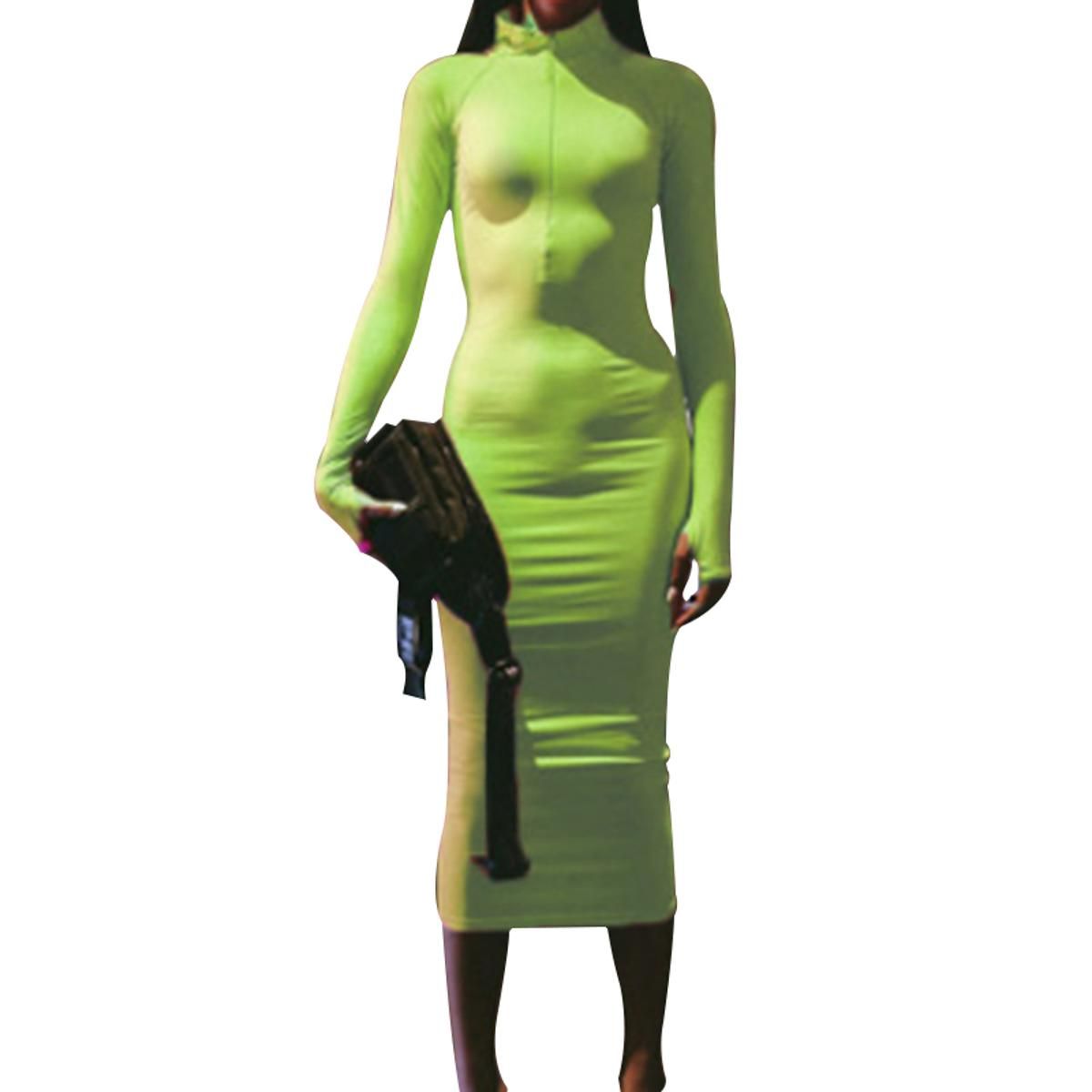 Women Dress Long Sleeve Midi Green Solid Color Round Collar Summer Fall Hip Skirt Slimming Elastic Clothes