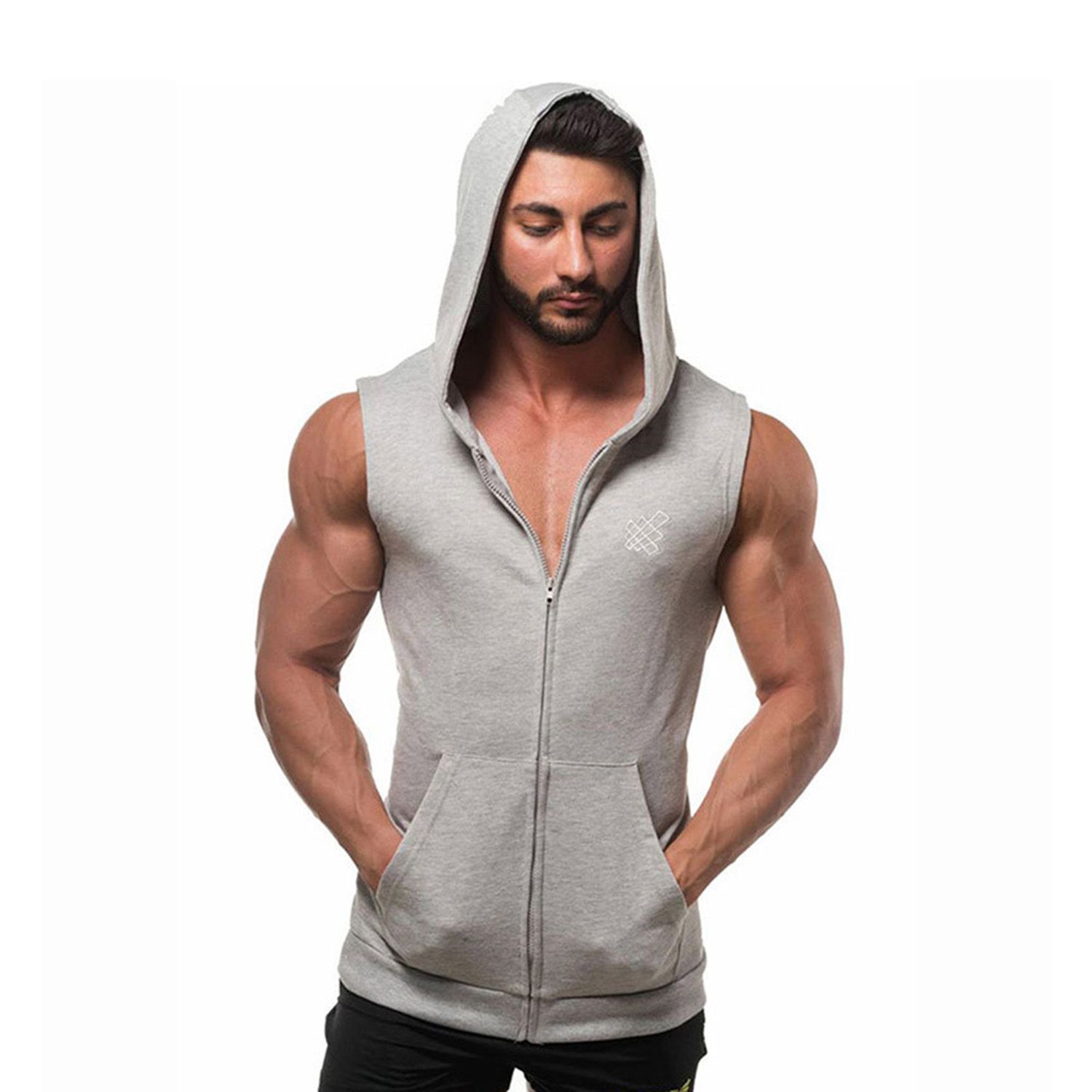 Men’ s Vest, Adults Geometric Pattern Print Sleeveless Hooded Tops with Zipper for Summer, Red/Black/Gray