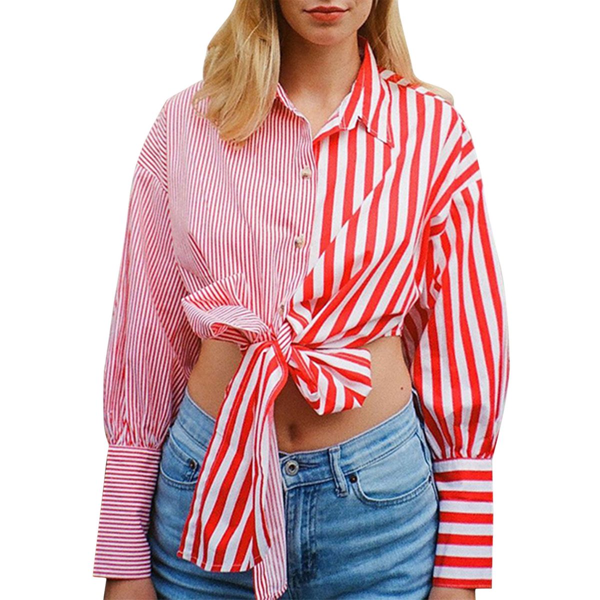 Women Button Down Lapel Shirts, Stripes/Dots Print Long Sleeve Tie Knot Loose Crop Tops