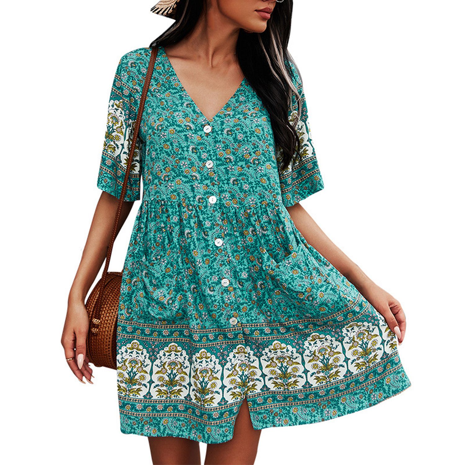 Short Dress Positioning Printing V Neck Women Short Sleeve Buttons Bohemian Dress for Travel