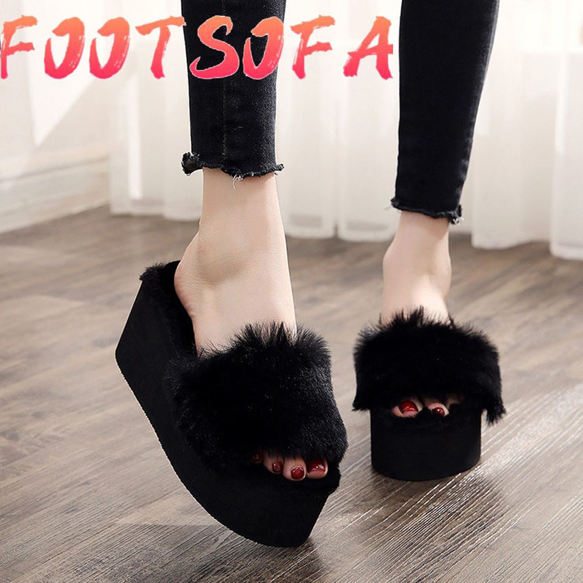 Women Platform Slippers Sliders Home Indoor Winter Warm High Heels chaussons zapatos mujer pantofole pantuflas de peluches