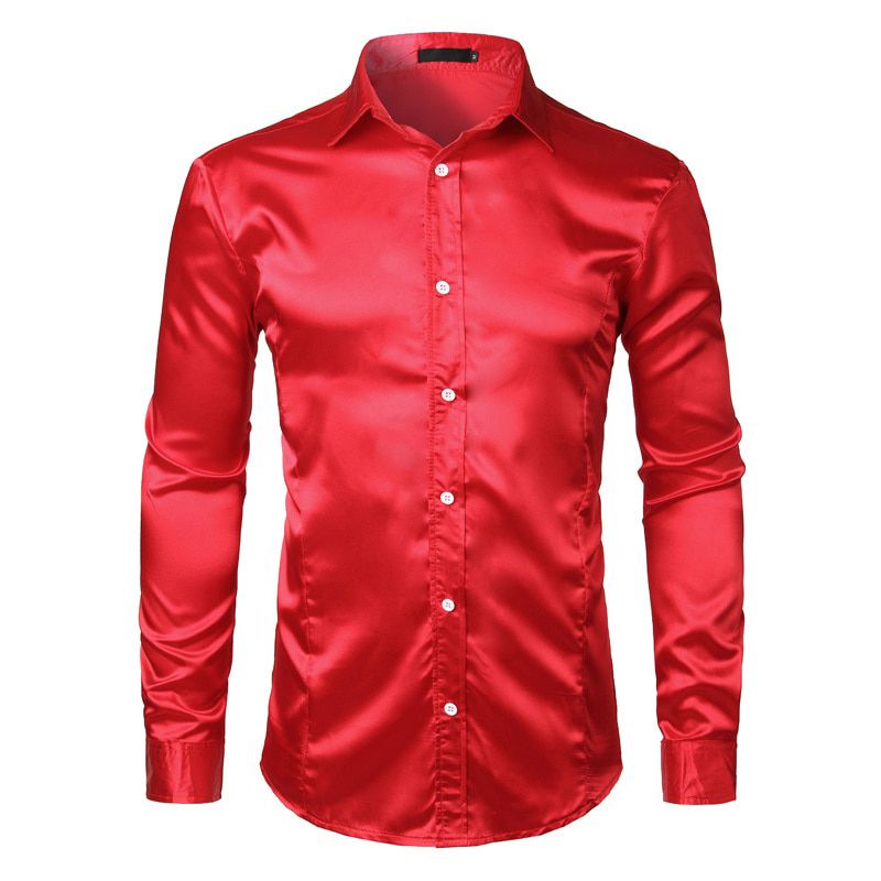 Men's Silk Like Satin Dress Shirts Wedding Groom Stage Prom Shirt Men Long Sleeve Button Down Shirt Male Chemise Homme