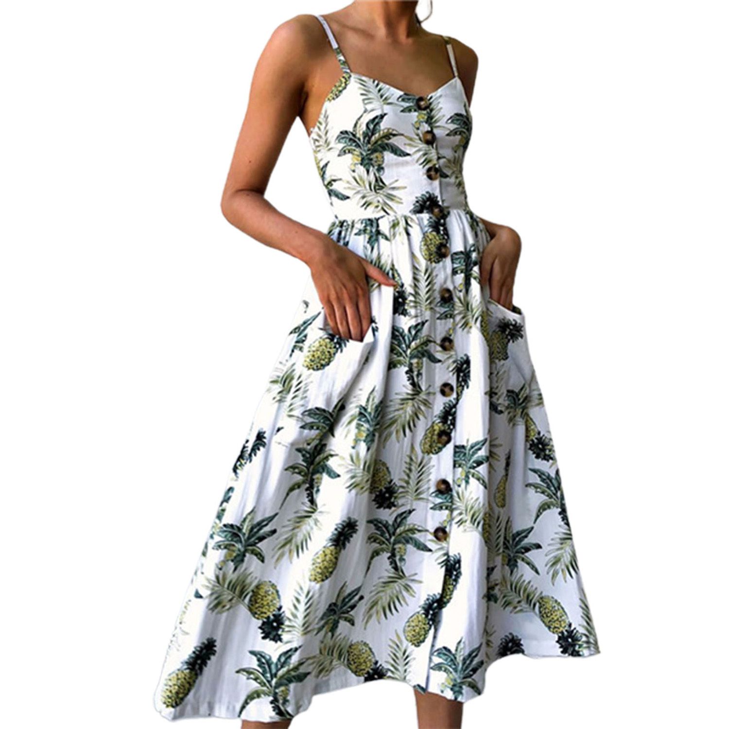 di Dress Pineapple Pattern Slim-fitting Buttons Dress