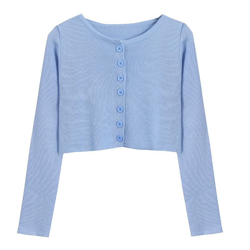 Women Button Down Crop Tops, Casual Long Sleeve Crew Neck Solid Color Knit T-Shirts