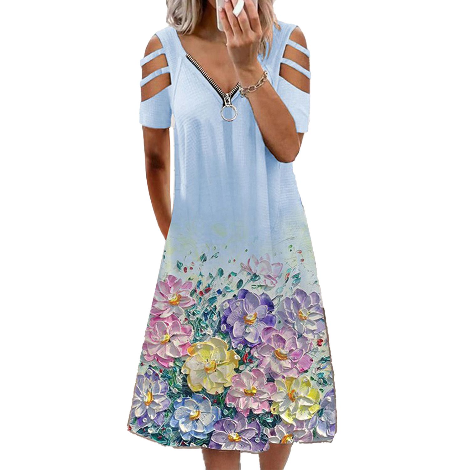 Midi Dress Floral Print V Neck Women Hollow Sleeve Zipper Dress for Prom