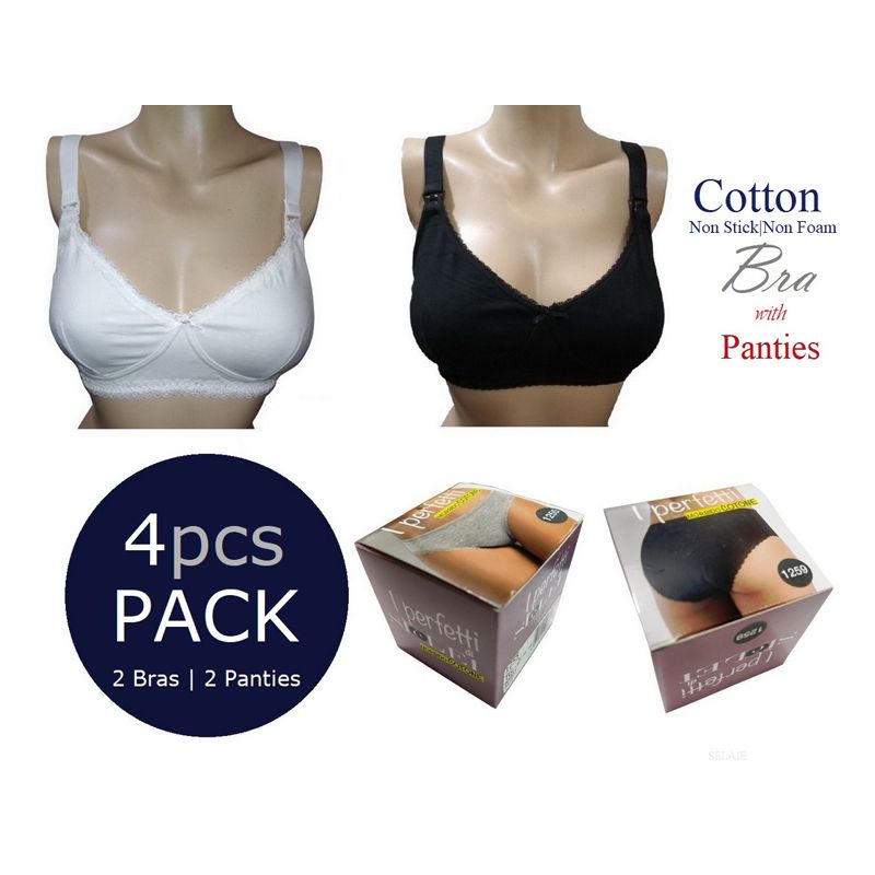 4 Pcs Lingerie set Bras 2 Pcs Non Stick Non Foam Wide Strap with 4 Layer hook in Back side White and Black with Cotton Spandex Panties 2 Pcs Grey and Black for Women