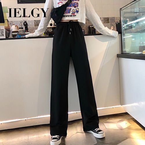 IELGY wide-leg pants women's vertical straight high waist loose casual elastic waist mopping long pants