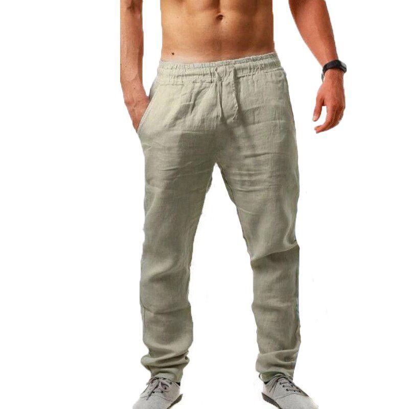 Men's Cotton Linen Pants Casual Comfort Solid Linen Trousers Summer Breathable Fitness Elastic Waist Loose Male Streetwear Pants