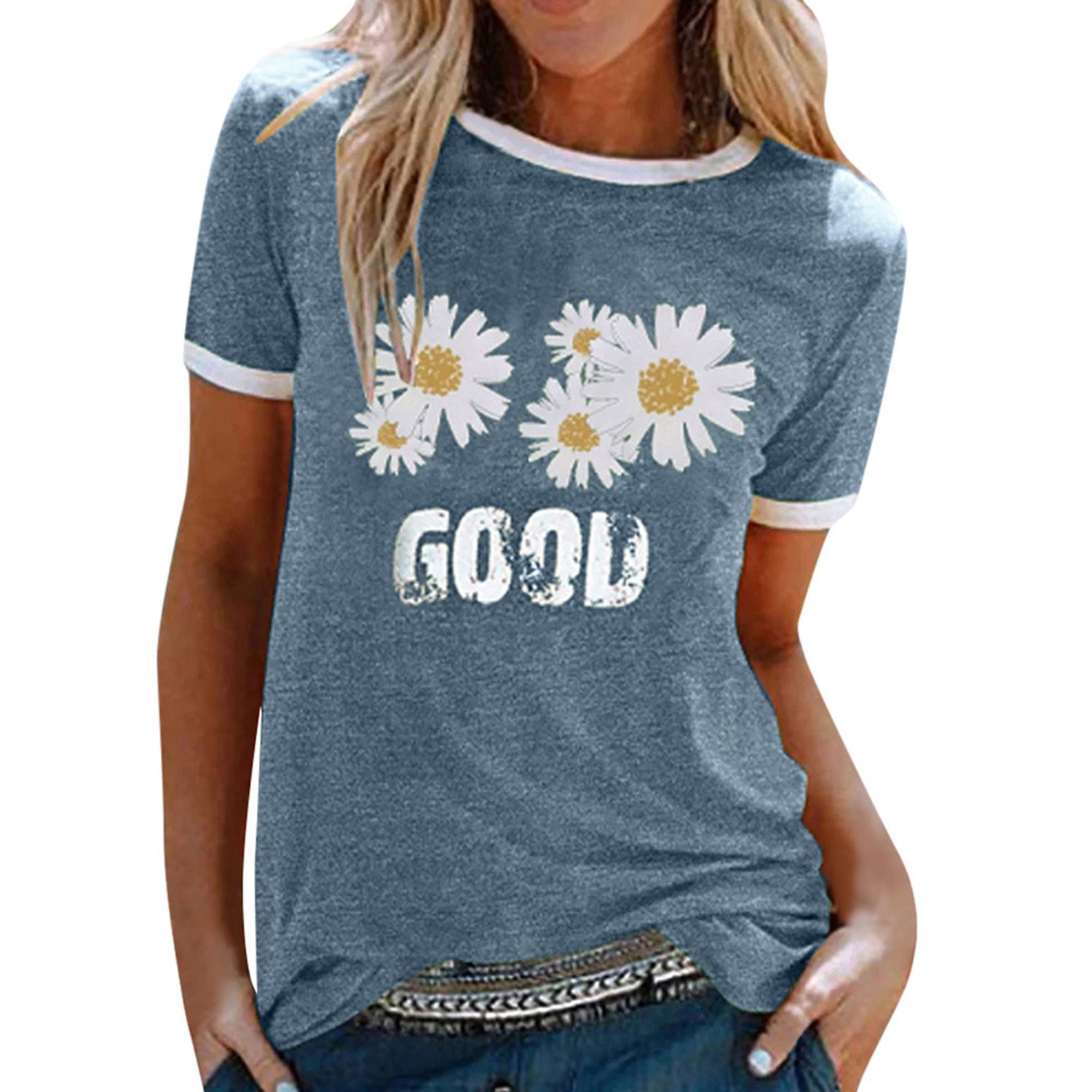 Woman Loose T-shirt, Short Sleeve Round Neck Daisy Print Top Casual Style Pullover