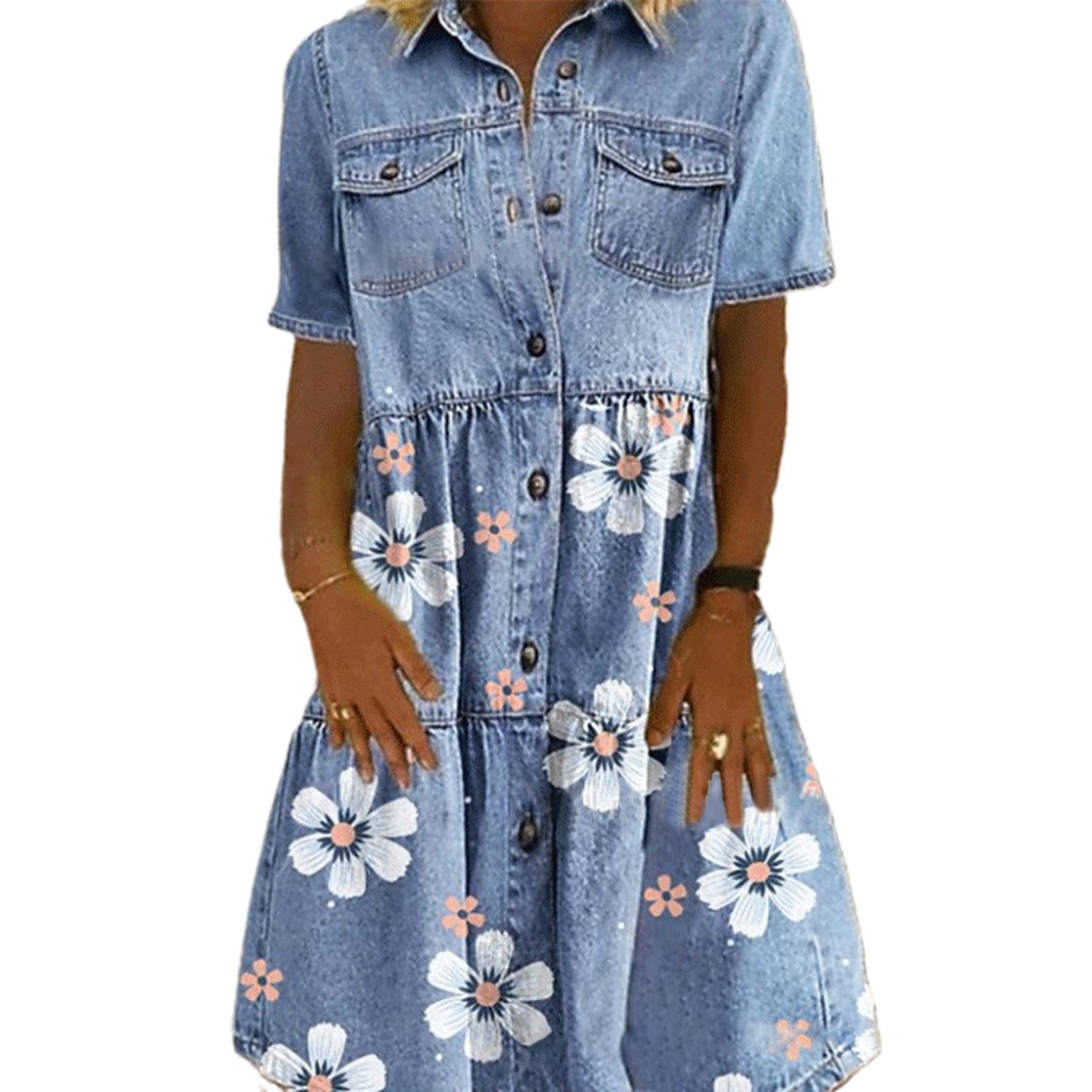 Vintage Women Dress Short Sleeve Single-breasted Pockets Floral Print Loose Denim Dress for Office