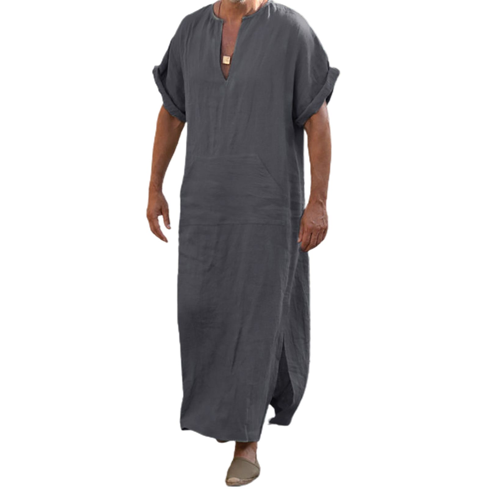 Deep V-neck Men Robe Short Sleeve Lightweight Solid Color Side Split Loose Robe Traditional Clothing