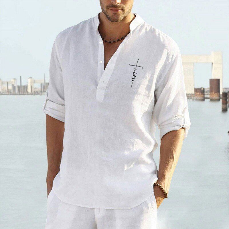 2021 Long Sleeve Shirt Linen Tops  Men clothing 2021 Summer Letter Print Casual Pullover Single-ed  Mens Blouse