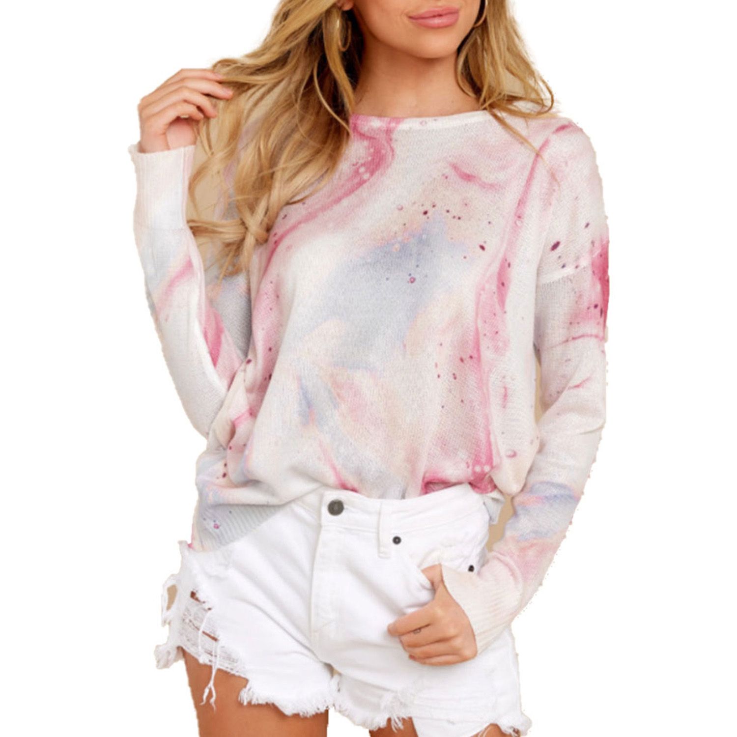 Women's Tie Dye Tops, Casual Long Sleeve Round Neck Loose T-Shirt Knitted Blouse