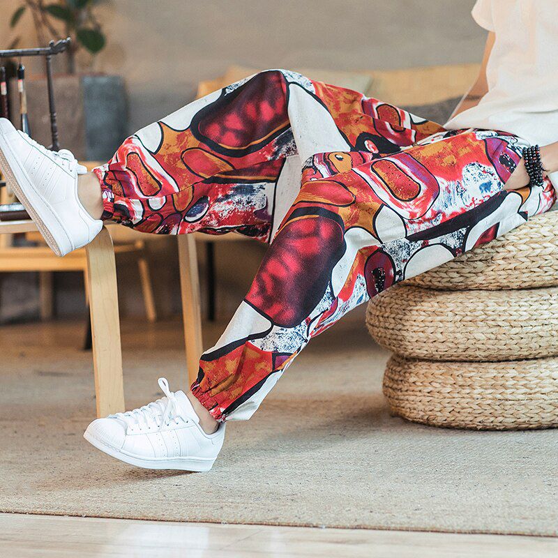 Men Harem Pants Joggers Printed Drawstring Drop-Crotch Trousers Men Autumn Loose Streetwear Cotton Linen Casual Pants