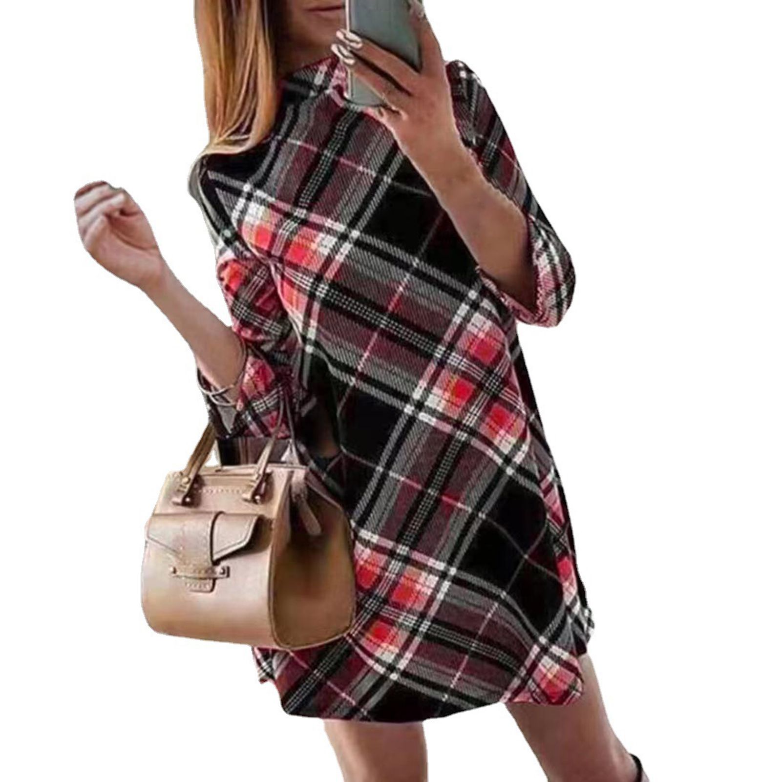 Lady Dress Half High Collar Spring Plaid Print Casual Dress
