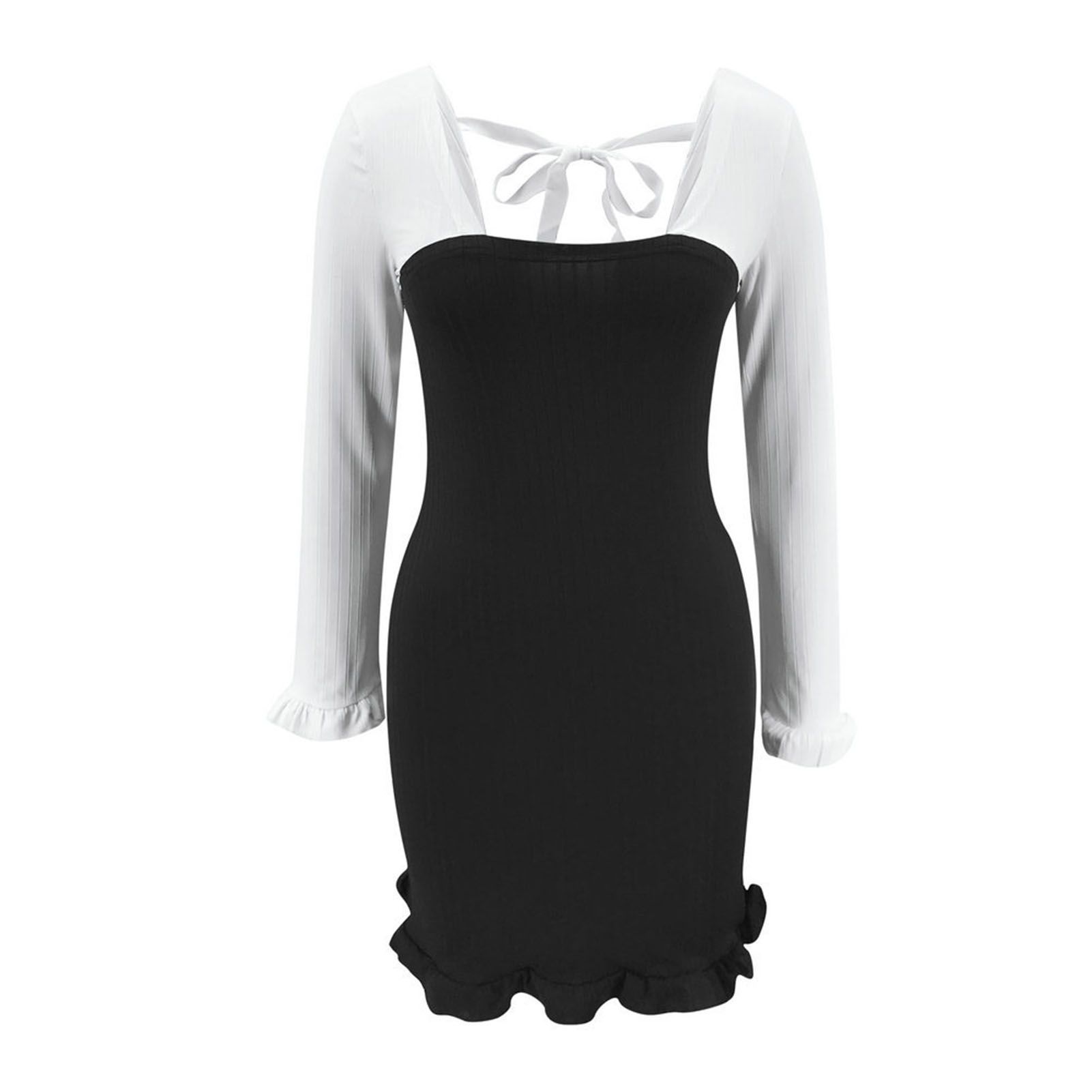 Knitted Dress Ribbed Ruffle Black White Patchwork Knitted Dress