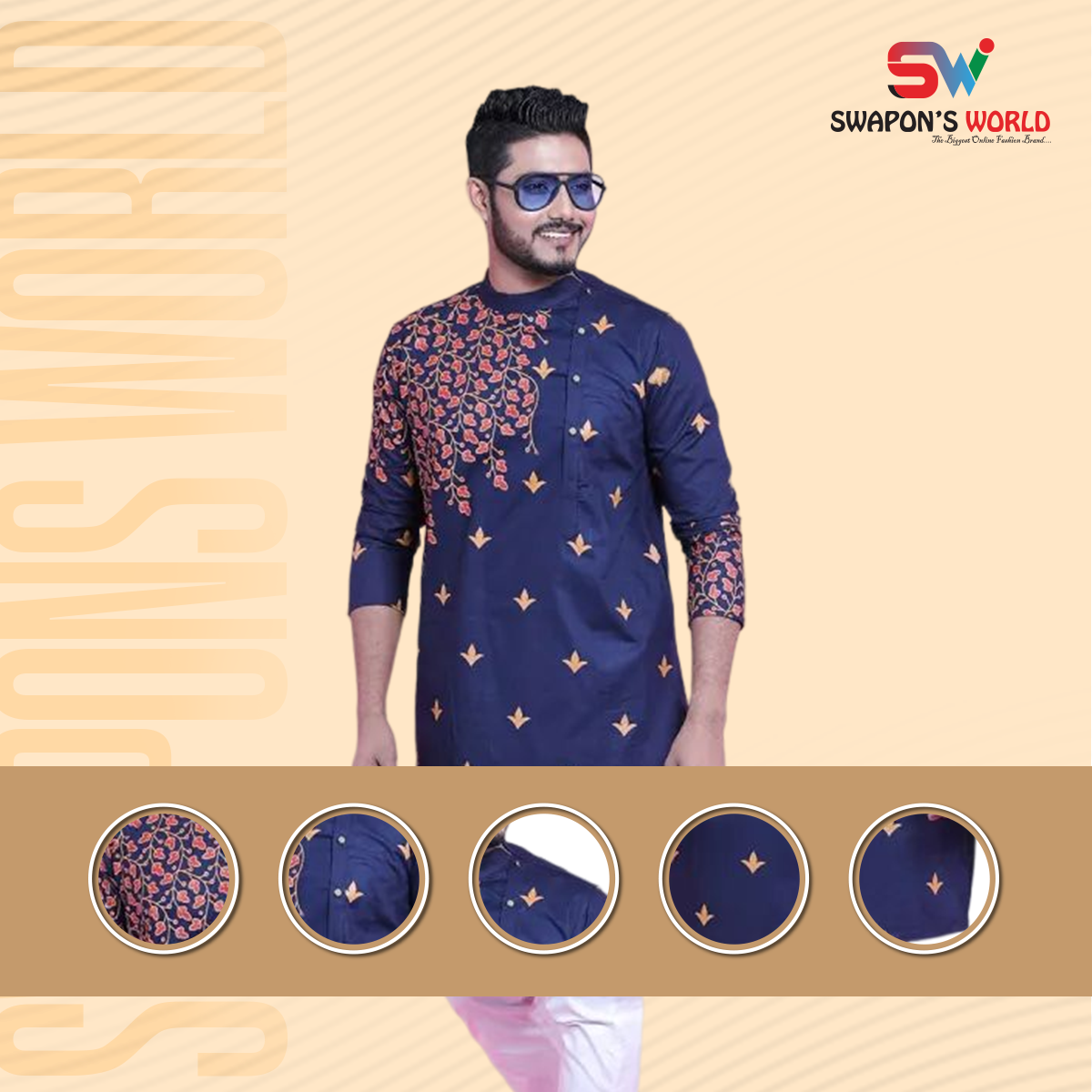 Printed Premium Men's Cotton Panjabi Navy Blue- 17628P